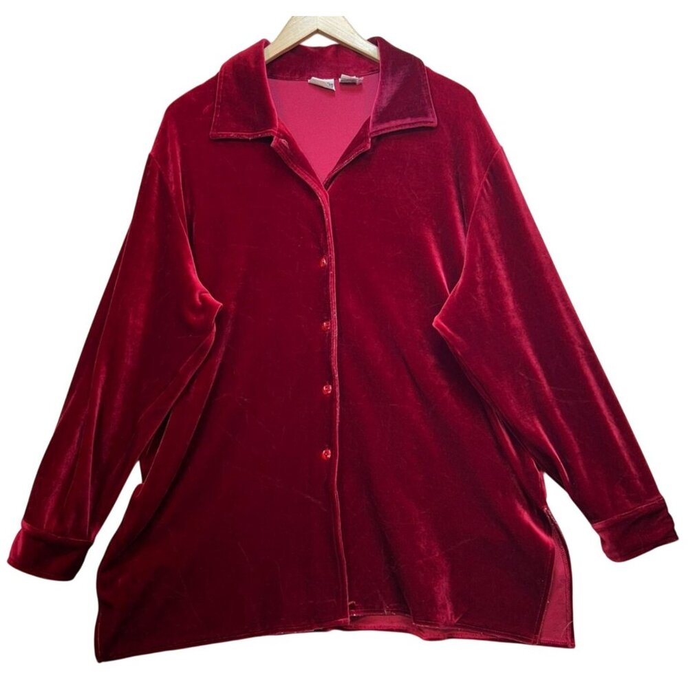 Newport News Styleworks Women's Velvet Button Down Shirt Long Sleeve Size 3X Red